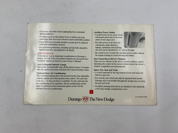 1999 Dodge Durango Owners Manual Handbook Set with Case OEM M04B36024