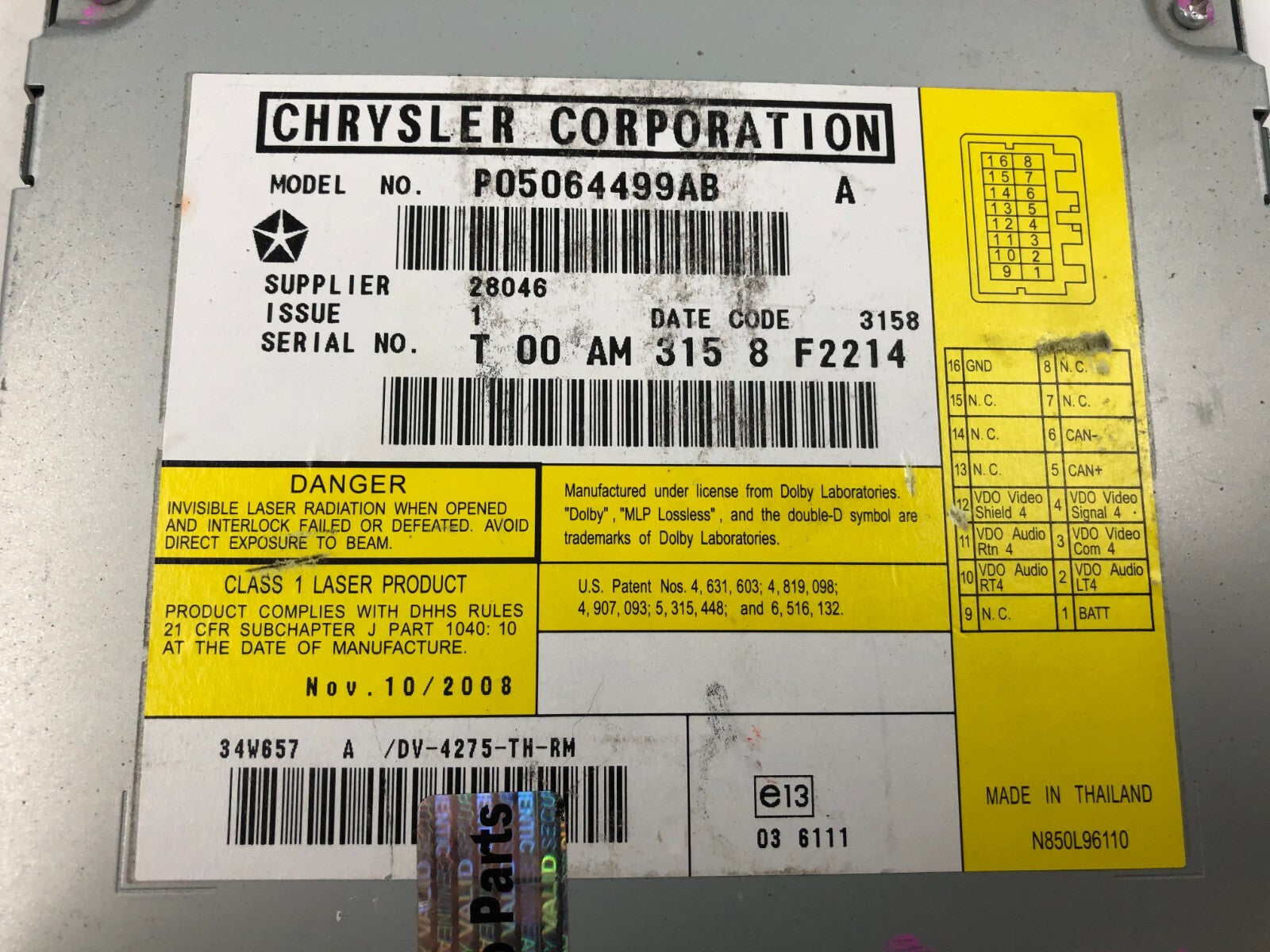 2009-2014 Volkswagen Routan DVD Player OEM E01B15051