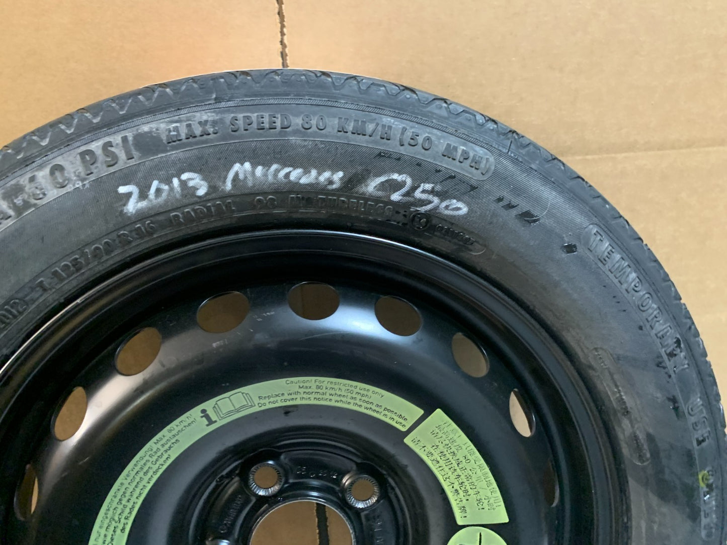 2013 Mercedes Benz C250 16" Spare Tire Wheel Compact Donut T125/90R17
