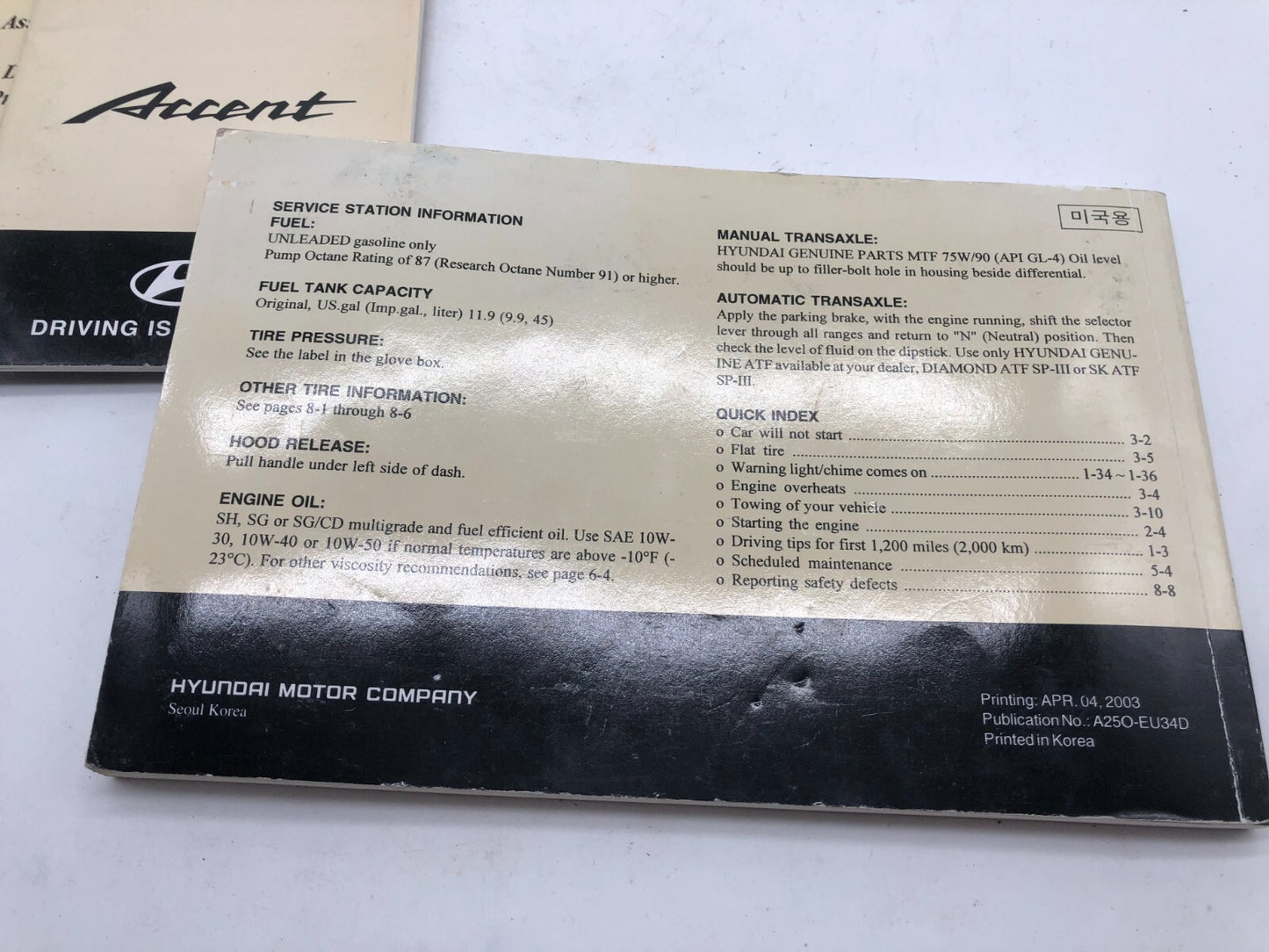 2003 Hyundai Accent Owners Manual Set OEM D02B03009