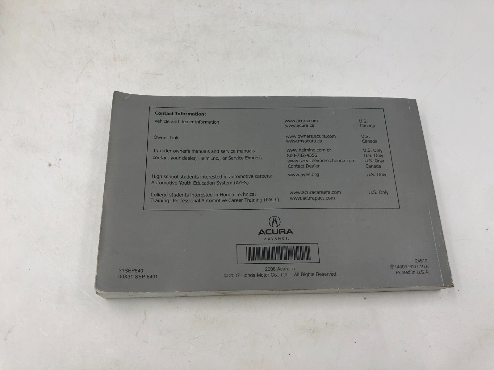 2008 Acura TL Owners Manual Set OEM A01B45027