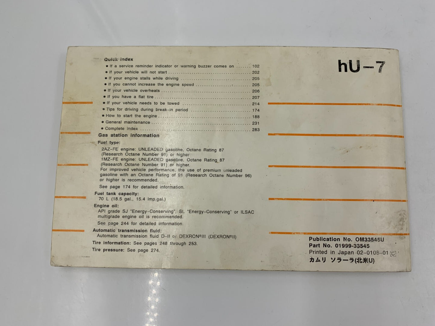 2002 Toyota Camry Solara Owners Manual OEM D01B46087