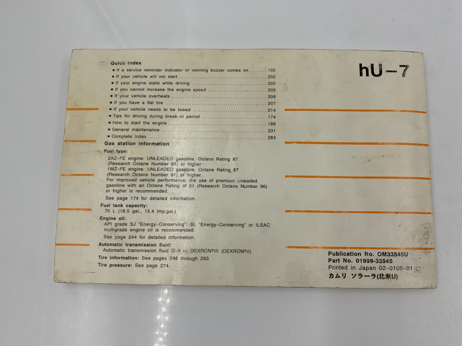 2002 Toyota Camry Solara Owners Manual OEM D01B46087