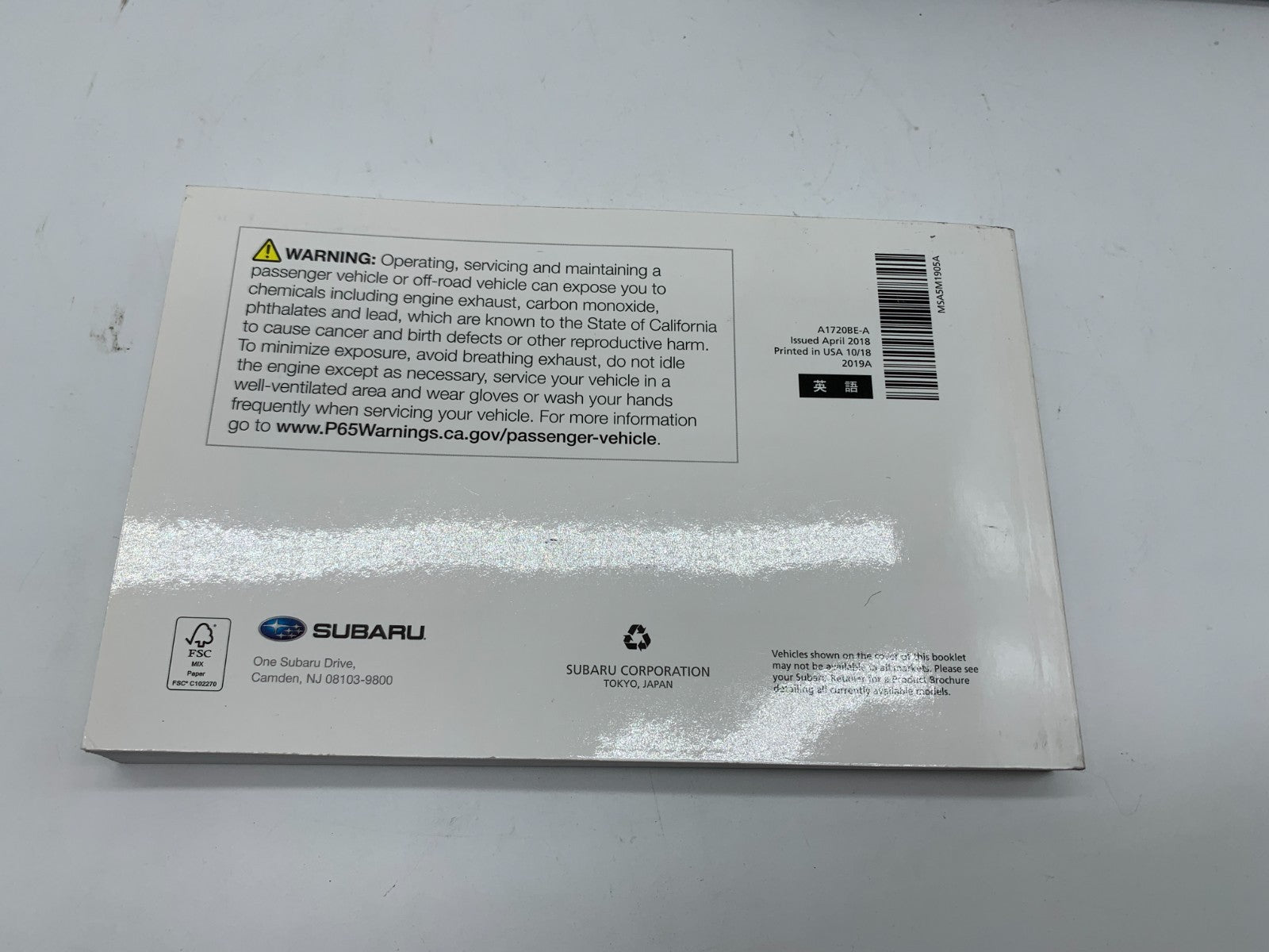 2019 Subaru WRX Owners Manual with Case OEM A02B50058