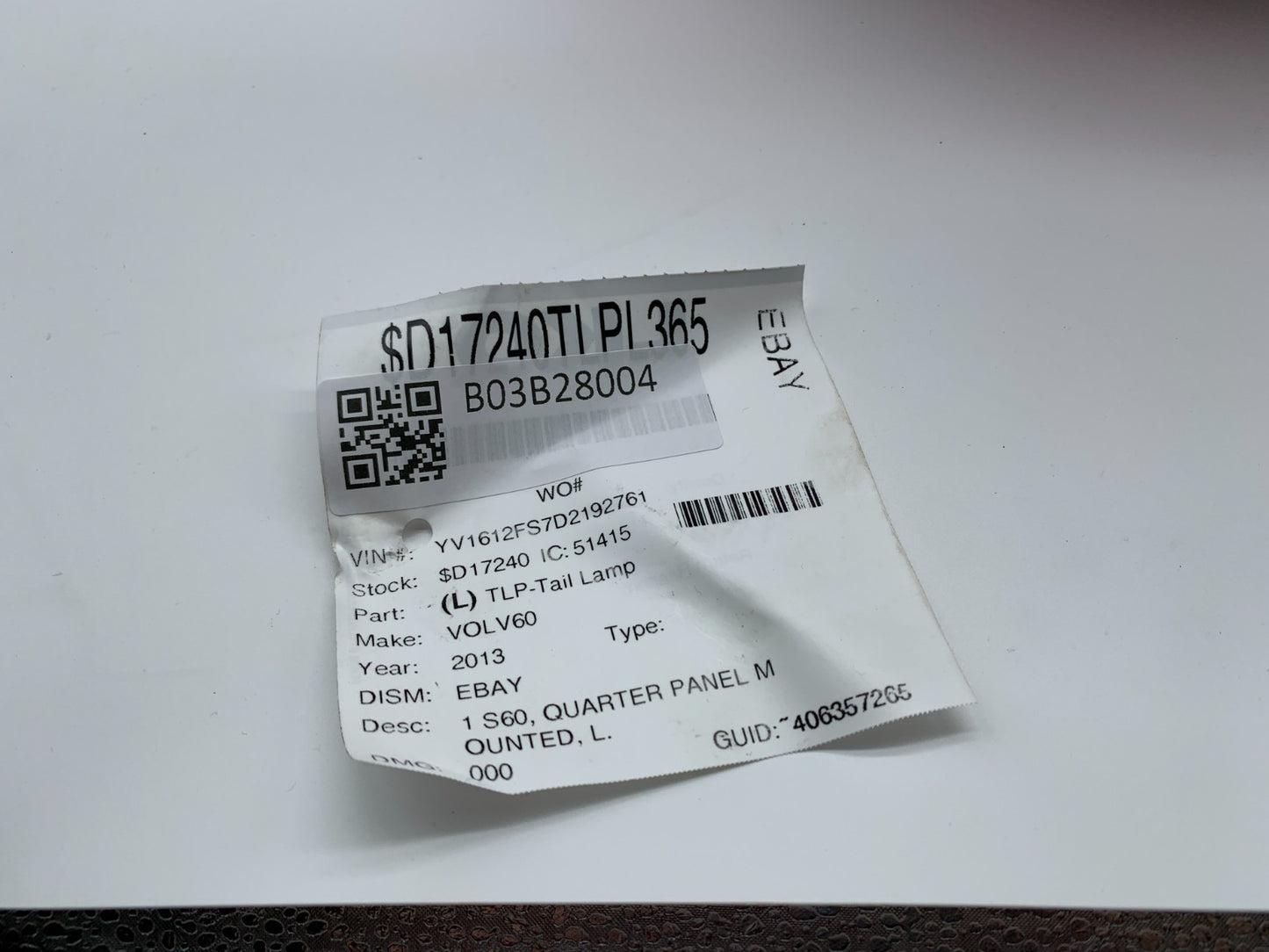 2013-2015 Nissan Sentra Passenger Side Inner Trunk Lid Tail Light OEM B03B28003